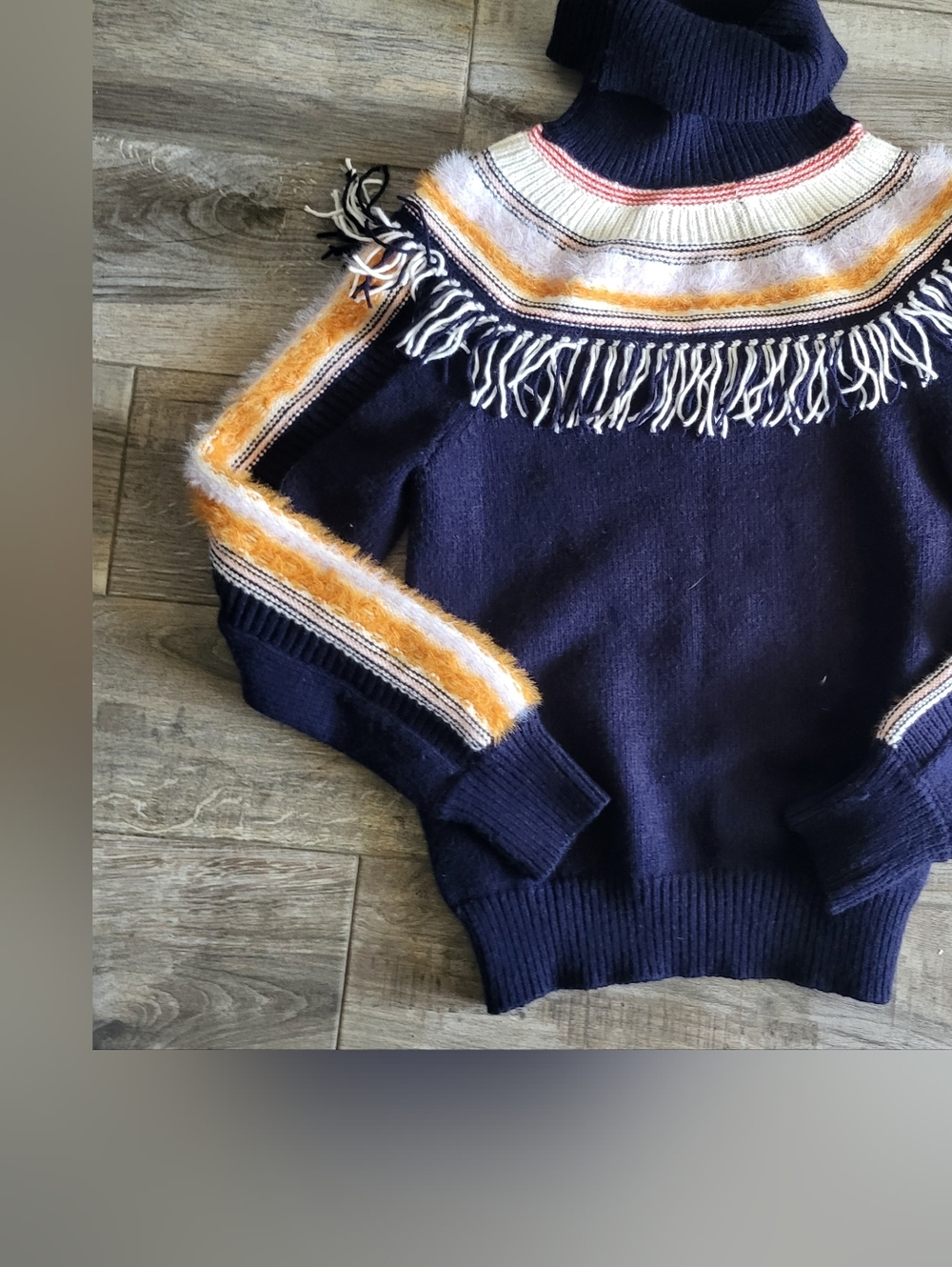 Anthropologie Margherita Nordic Sweater Fringed Turtleneck Navy Mustard Size S - Picture 10 of 10